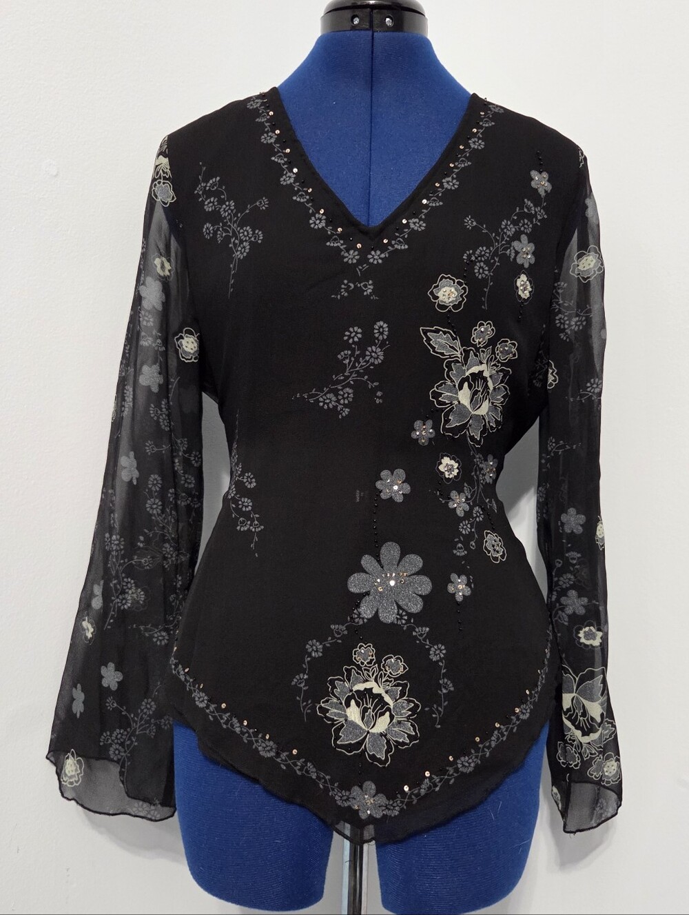 Vintage Black Silk Floral Fairy Top Size M